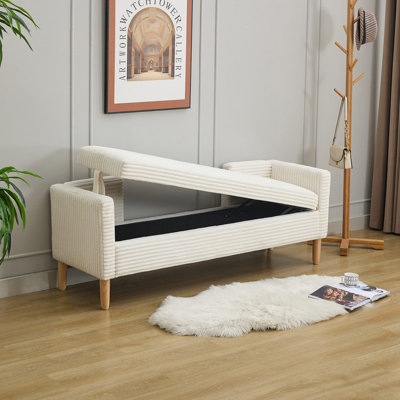 Banc de rangement en velours côtelé ivoire avec accoudoirs et dossier, repose-pieds rembourré d'une largeur de 65,35 po avec pieds en bois et 2 traversins