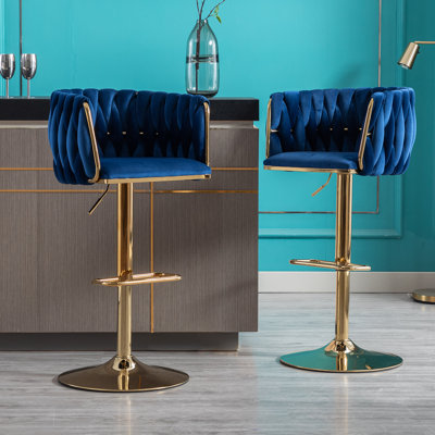 Luxury Velvet Bar Stools with Gold Metal Base, Adjustable Height Swivel Bar Chairs with Armrests for Kitchen Island, Bar, Modern Home Decor(Blue)