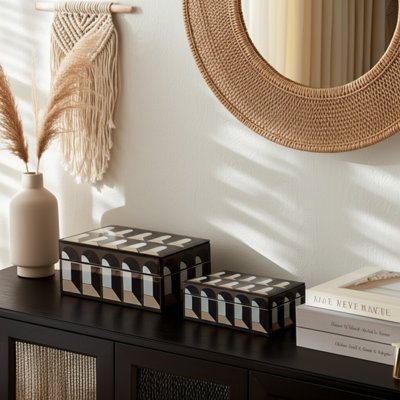 Quirion Decorative Boxes Glass Wood MDF Arched Geometric Design 11"x7"x4" Black White Boho Style for Home Office Bedroom Living Room Storage Set of 2