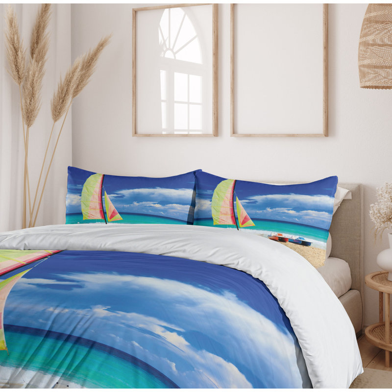 Queen Size Coastal Beach Print Microfiber Duvet Cover Set