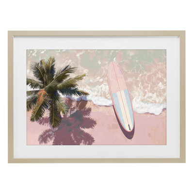 «Blush Pink Surfboard & Palm», reproduction encadrée sous verre, design par Jacky Ngan