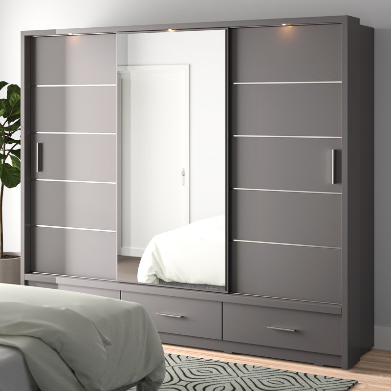 Deming 3 Door Solid + Manufactured Wood Wardrobe, Grey Matt