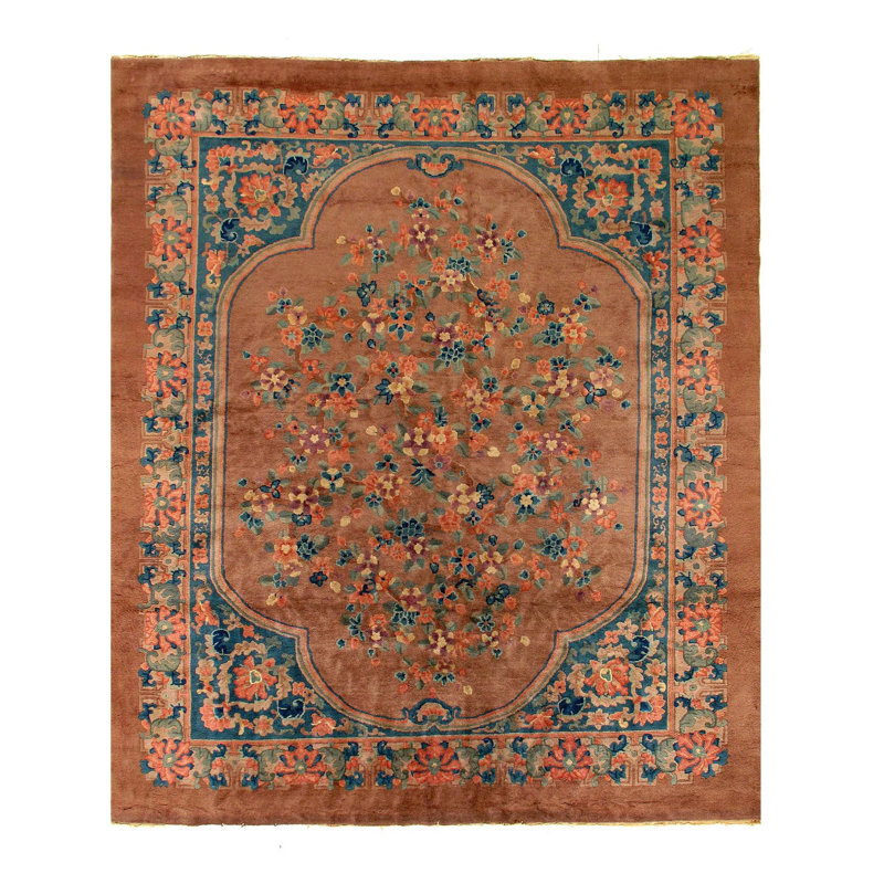 Tapis bleu / brun en laine / coton à motif floral fait à la main 8 pi x 9 pi 7 po