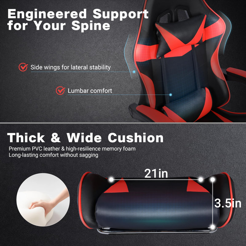 Chaise de jeu, chaise de bureau ergonomique avec repose-pieds et support lombaire, chaise de bureau réglable en hauteur avec siège pivotant à 360 ° et appui-tête, rouge et noir