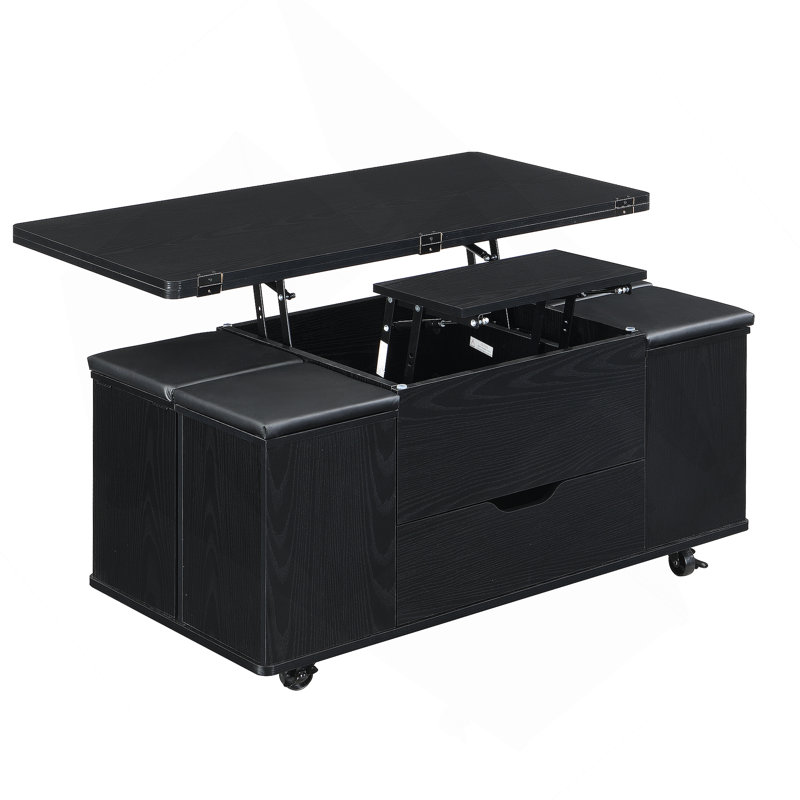 Ensemble de tables basses à plateau relevable multifonctionnel avec rangement caché et tabourets, idéal pour transformer les espaces de vie et maximiser l'utilité