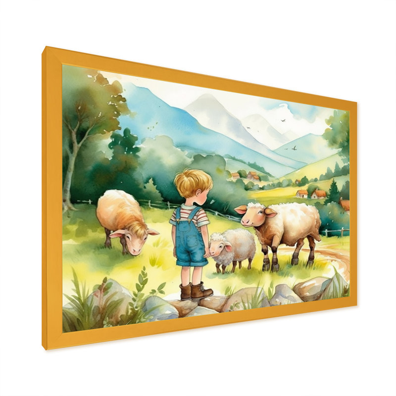 Enfants sur une ferme II - impression sur toile de paysage de ferme, Encadrement doré, H 30 po x l 40 po x P 1,5 po