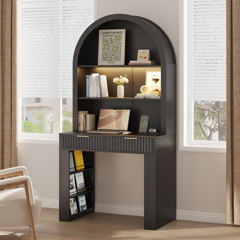 Bureau d'écriture avec huche arquée, tiroir cannelé et tablettes de rangement, bureau d'ordinateur moderne en bois avec rangement pour bureau à domicile, chambre à coucher, petit espace