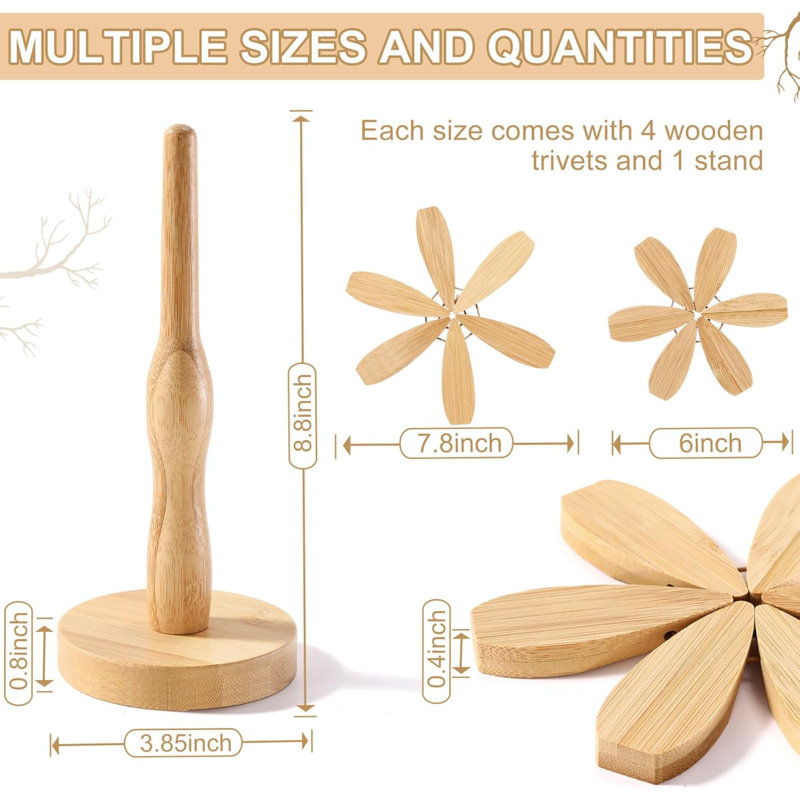 Ensemble de 8 sous-verres Tree, sous-plat en bois pour plats chauds, 2 sous-pieds pliables en forme d'arbre avec 2 supports, tapis décoratif pour tapis de cuisine décoratifs pour fondue, casseroles, tasses (bois de bambou)