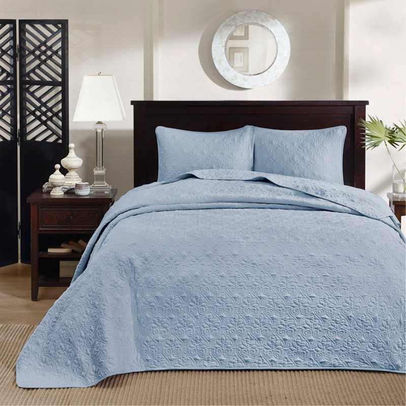 Ensemble de couvre-lit réversible très grand bleu, Couvre-lit de très grande taille et 2 taies déco, Motif floral bleu
