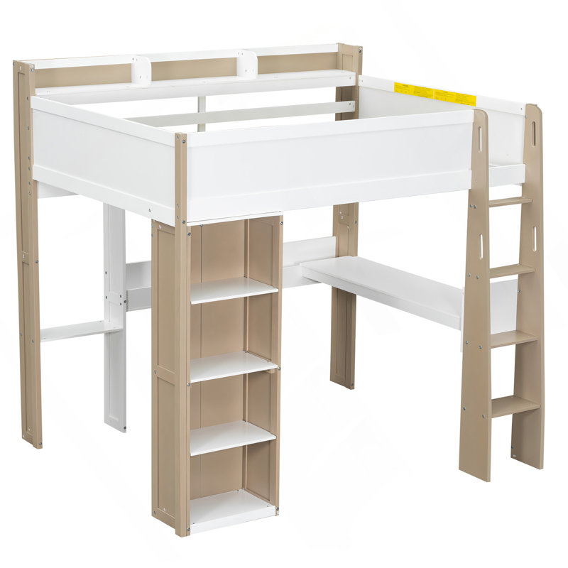 Lit mezzanine double en bois pleine grandeur avec tablettes de rangement intégrées, portemanteaux et bureau, blanc + naturel