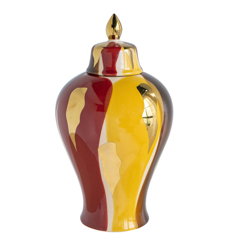 Curved Ceramic Jar with Artistic Multicolored Finish, 13.8" H X 7.7" W X 7.7" D, Yellow/Red