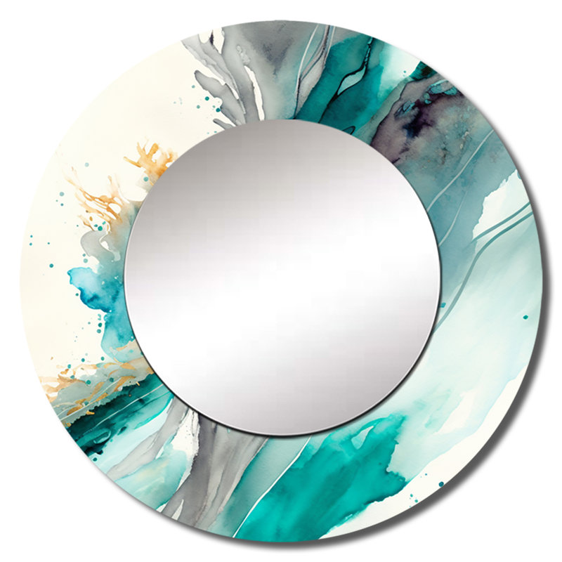 «Celebrations In Turquoise Shades Of Blue V» - miroir mural à encre liquide, miroir décoratif rond moderne, impression d'art en métal