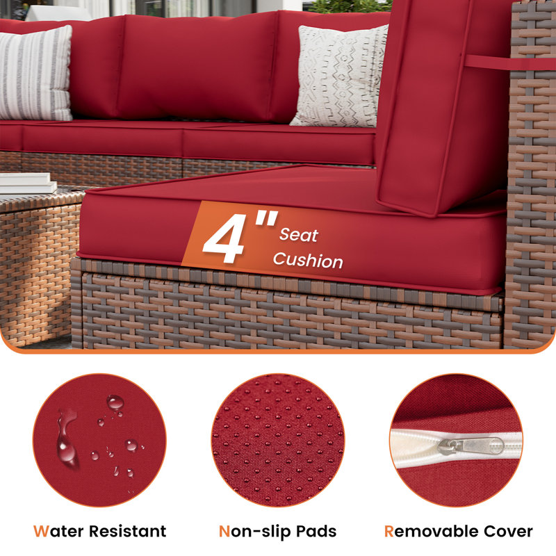 Dinyu Wicker 8 - Person Modular Patio Conversation Set with Cushions, Burgundy