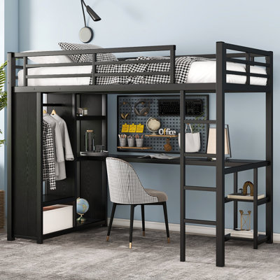 Lit mezzanine double avec garde-robe intégrée, bureau et tablettes de rangement, lit mezzanine en métal