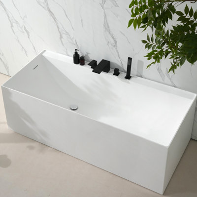59"Stone Resin Luxury Contemporary Solid Surface Freestanding Soaking Bathtub In Matte White