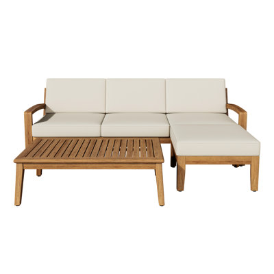 L Shape Patio Made Of Wood For Outdoors + Beige Sectional Outdoor Living Area