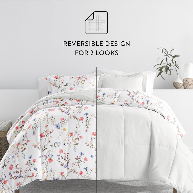 7 Piece Bedding Set - Comforter and Sheet Set, Édredon grand + 1 pièce supplémentaire, Motif floral rose