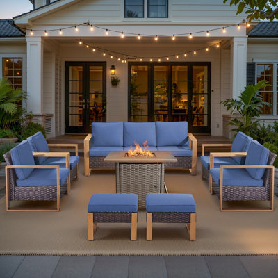 Palomares 8-Piece Outdoor Wicker Patio Square Fire Pit Conversation Set With 4 Armchairs And 2 Ottomans