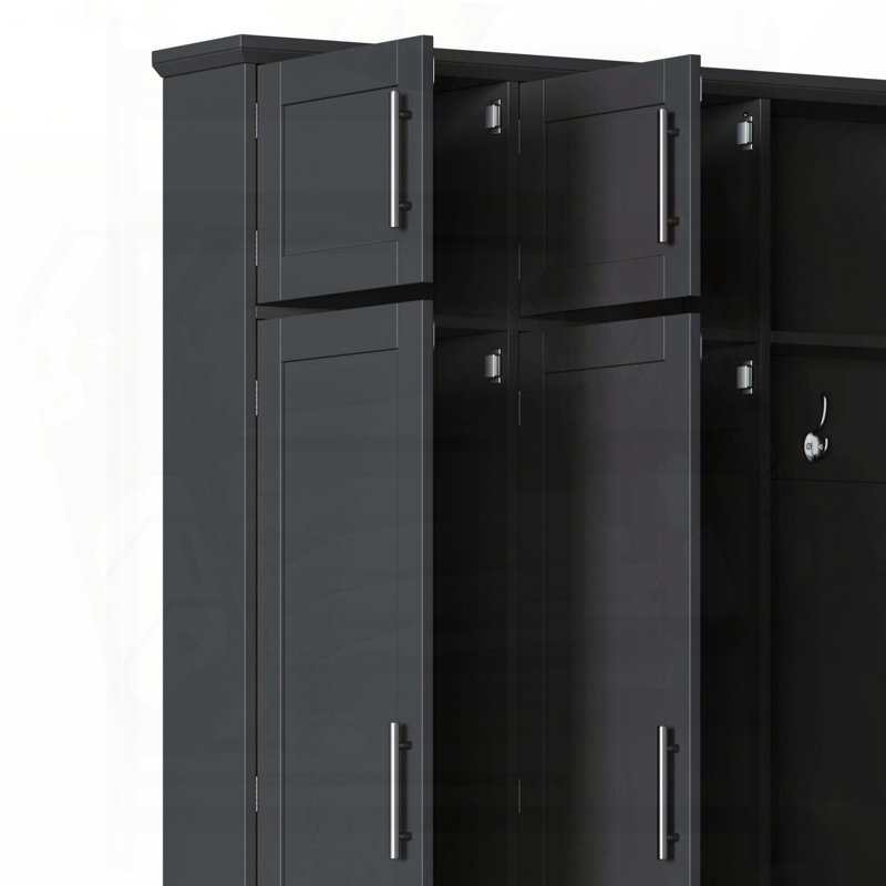 Farmhouse Hall Tree with 8 Cabinets and Walnut Bench (Black), Black