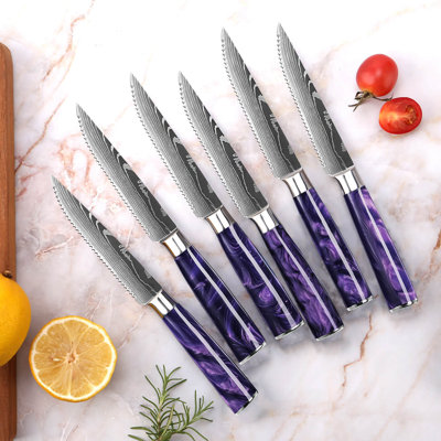 Senken Knives 'amethyst' 6-piece High Carbon Stainless Steel Steak Knife Set With Damascus Blade Pattern And Beautiful Purple Epoxy Resin Handles And Gift Box
