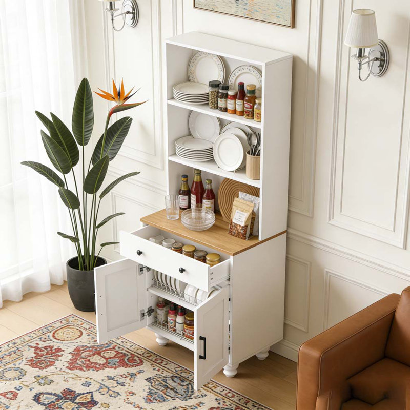 Armoire de cuisine moderne avec tablettes réglables, 4 pieds en bois massif en forme de gourde, Blanc
