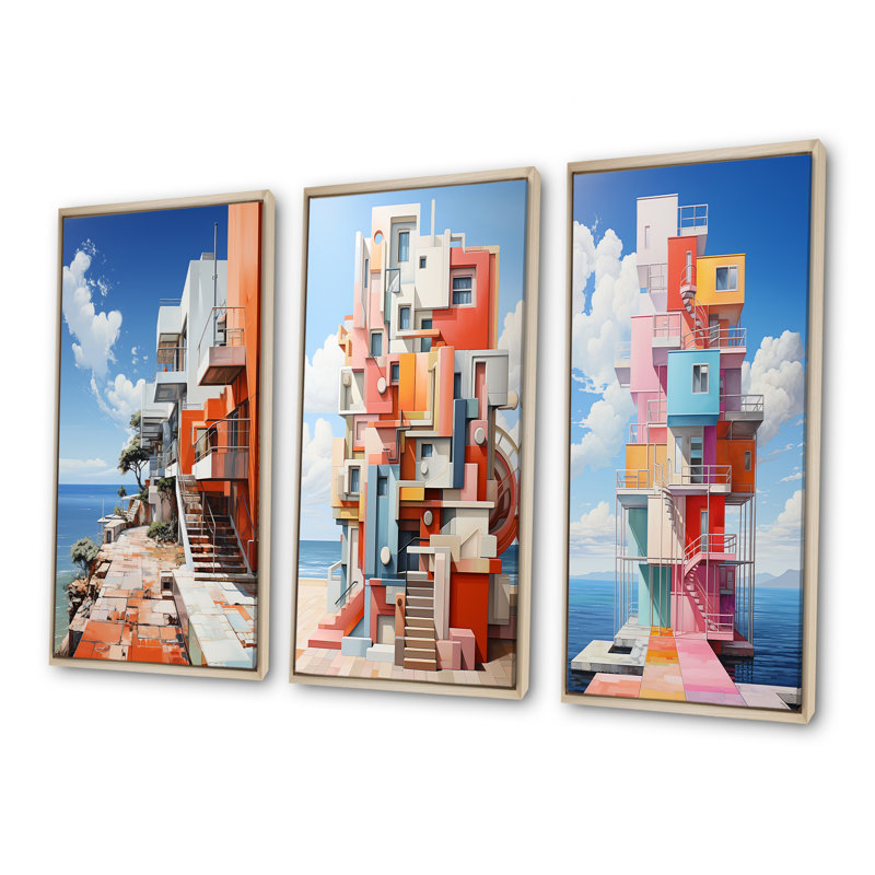 Phare de Stijl Lansdcape - ensemble d'art mural sur toile océan 3 pièces, Cadre flottant brun, H 32 po x l 48 po
