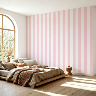 Wall Mural Peel and Stick Wallpaper Pink White Striped Self-Adhesive Removable Contact Paper Wall Decor for Living Room Bedroom 69"H x 96"W