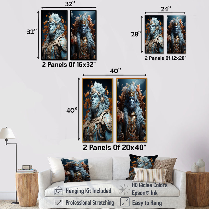 «Hindu Heroic Indian God - Hindouisme», ensemble de 2 reproductions d'art mural, Encadrement doré, H 32 po x l 33 po