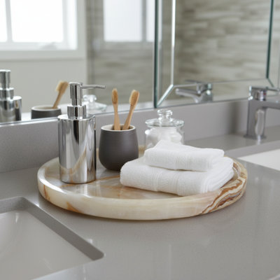 Plateau rond rond en onyx blanc - 16 po de diamètre x 1 po de hauteur | Rangement élégant pour la maison et le bureau