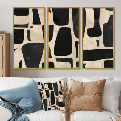 Beige et noir bohème mosaïque tons de terre - ensemble de grandes impressions géométriques murales
