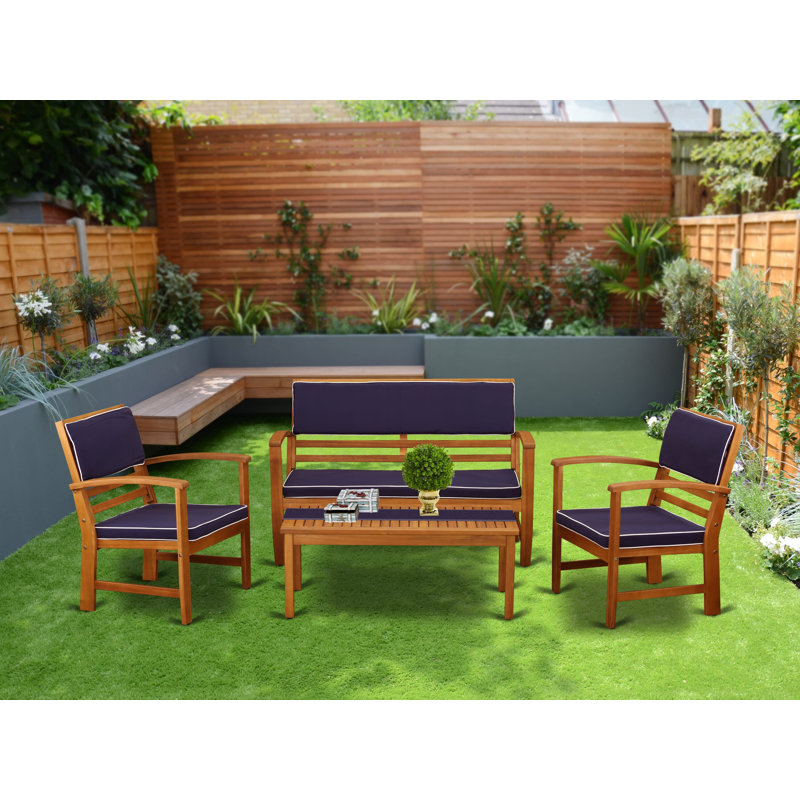 Ensemble de canapé bistro 4 pièces pour patio comprenant une table bistro d'extérieur rectangulaire en bois d'acacia et des coussins toutes saisons, ensemble de 2, huile naturelle
