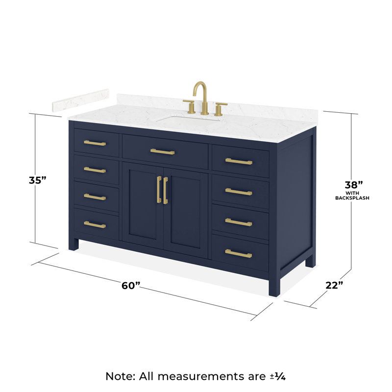 Ensemble de meuble-lavabo simple 60 po Beckett, Bleu foncé avec bordure dorée brossée