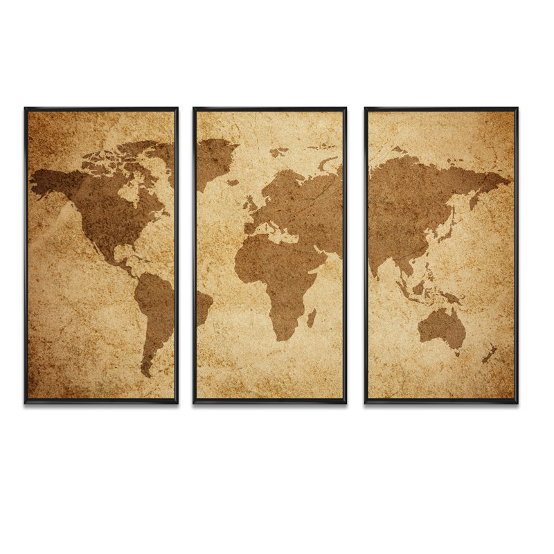 Ancienne carte du monde V - reproduction de cadre flottant 3 pièces sur toile, Noir, H 28 po x l 36 po
