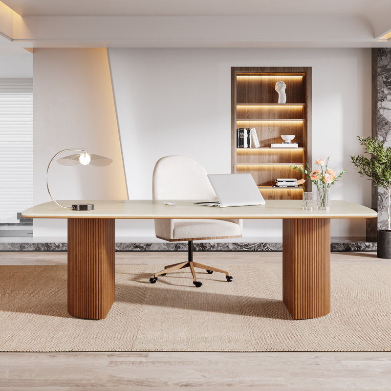 Bureau d'ordinateur Travertine Slab avec base semi-circulaire en bois ciré
