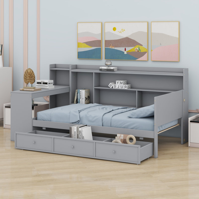 Lit de jour avec tiroirs, ports USB et bureau, Gris, Lit simple