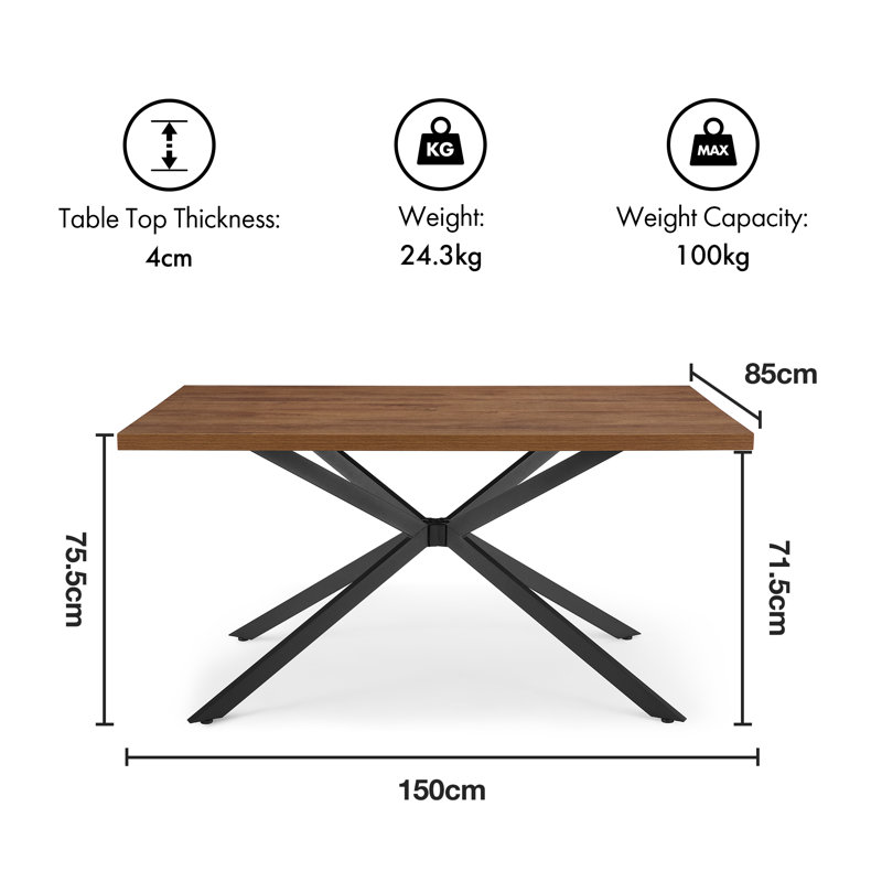 Abel Rectangular Dining Table with Steel Base, Dark Brown Wood