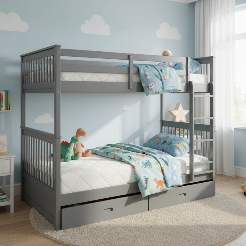 Lit superposé double au-dessus de double en bois massif avec échelles et 2 tiroirs de rangement pour garçons et filles, Gris