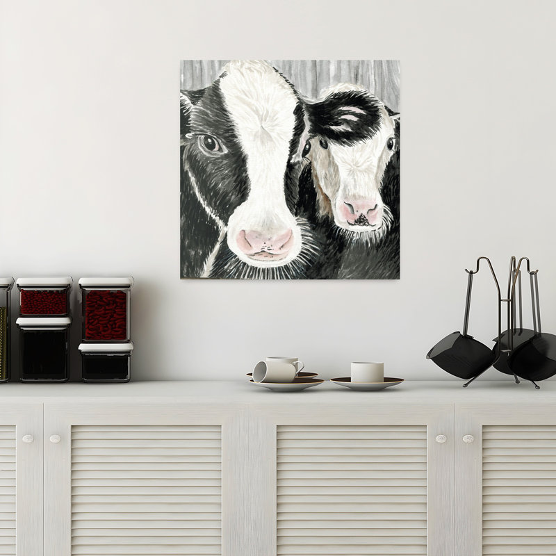 «Farm Cows», vache contemporaine, architecture, paysage, H 18 po x l 18 po
