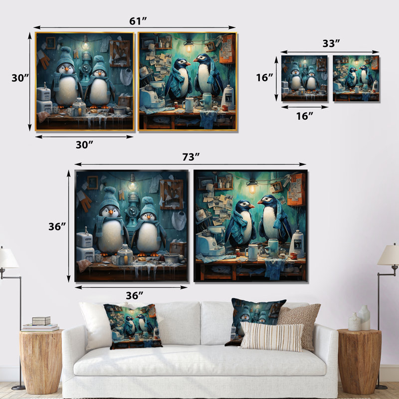 Chilly Penguins Laundry Room I - Ensemble de 2 reproductions d'art sur toile, Toile tendue, H 16 po x l 33 po x P 1 po