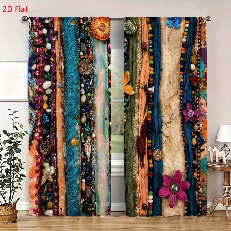 2 Piece Set Bohemian Window Curtains Colorful Vintage Style Drapes Floral Pattern Artistic Decorative Textile Panels For Living Room Bedroom Home Decor Fabric Hanging Decor