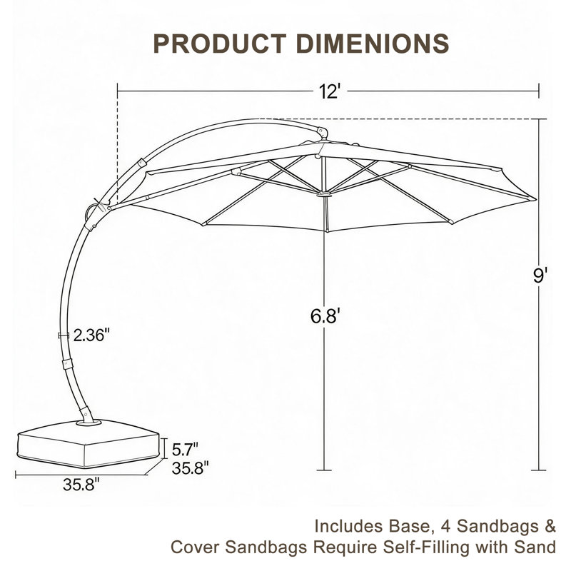 Parasol déporté incurvé de 3,65 m (12 pi) avec base, sacs de lestage et housse, pour terrasse et jardin., 12 pi, Rouge