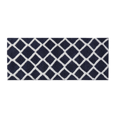 Reversible Tufted Bath Rug, High-Pile Navy Geometric/Striped Chenille Mat, OEKO-TEX Certified