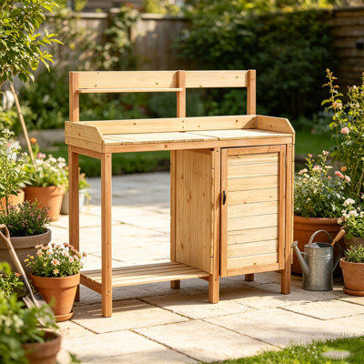 Banc de rempotage extérieur en bois massif avec plateau pour évier, table de travail de jardin avec armoire de rangement, crochets à outils latéraux pour la pelouse du patio