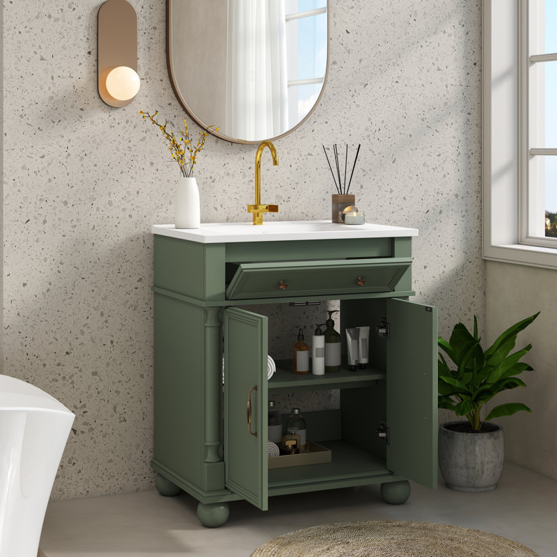 Meuble-lavabo 28 po Mid-Century avec lavabo, structure en bois massif et poignées en métal, Vert, 28"