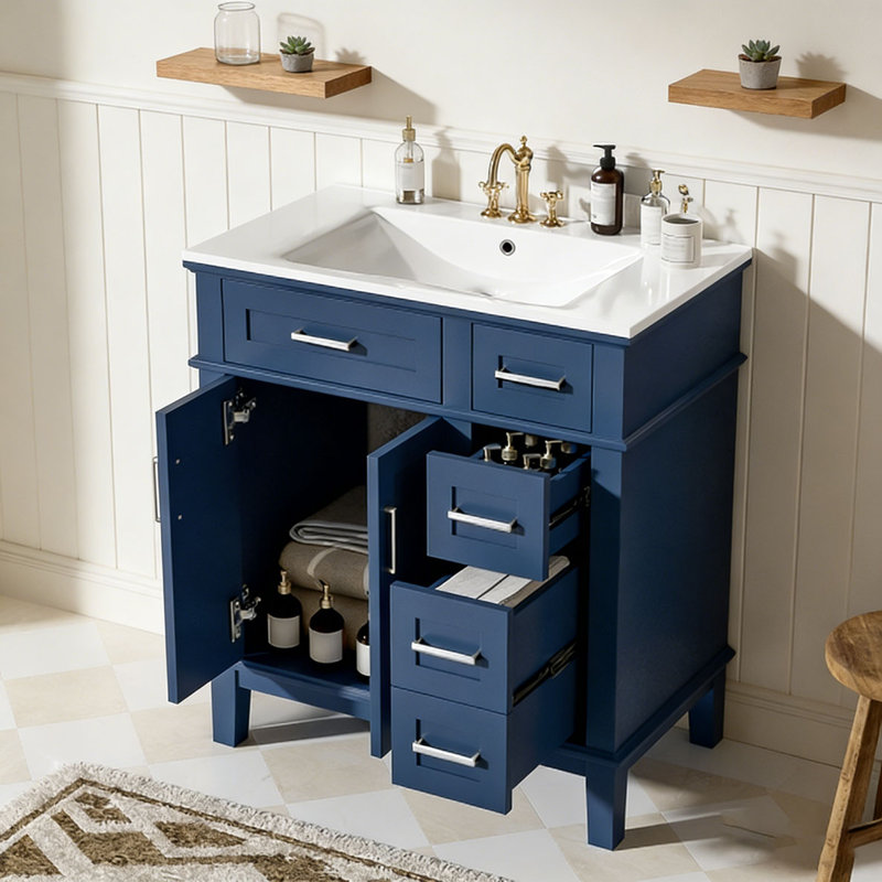Meuble-lavabo moderne avec lavabo en céramique, 30"+Blue