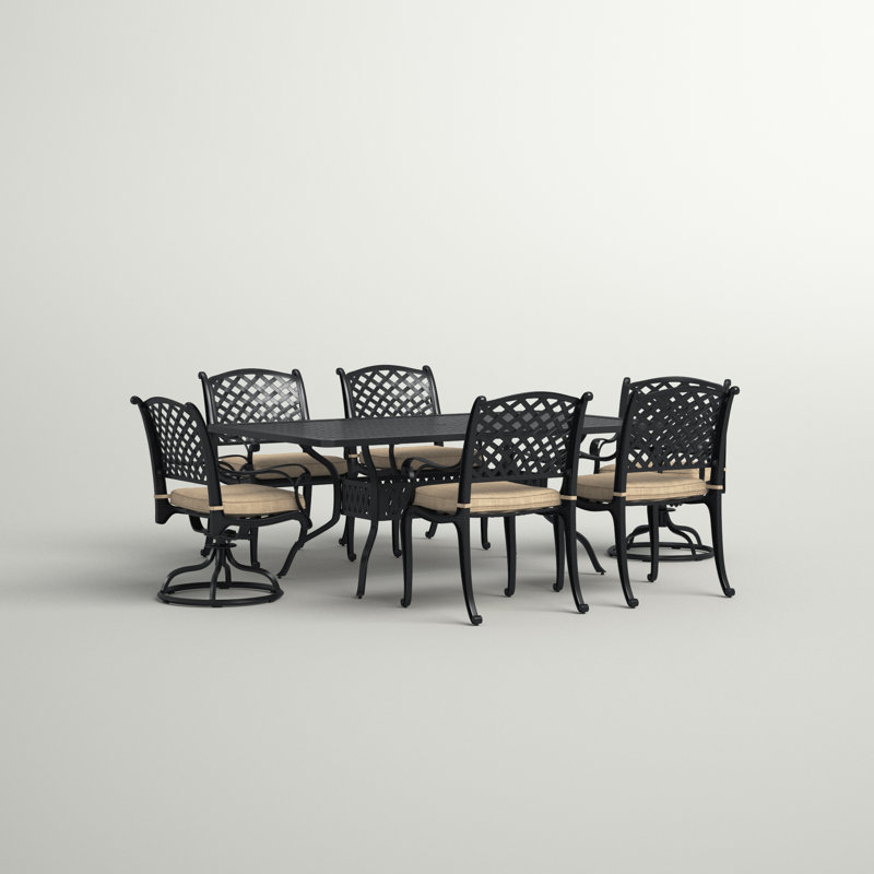 Ensemble repas de patio 7 pièces Frazee (avec 2 chaises berçantes pivotantes) avec coussins et table de salle à manger rectangulaire de 42 po x 72 po