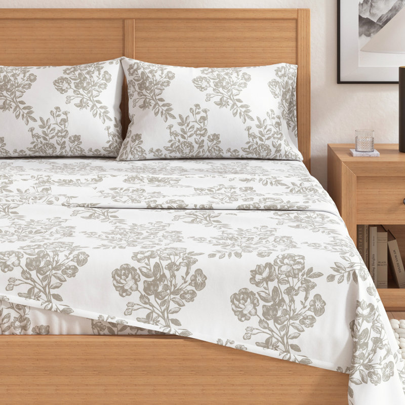 King Grey Toile Print Cotton Flannel Sheet Set