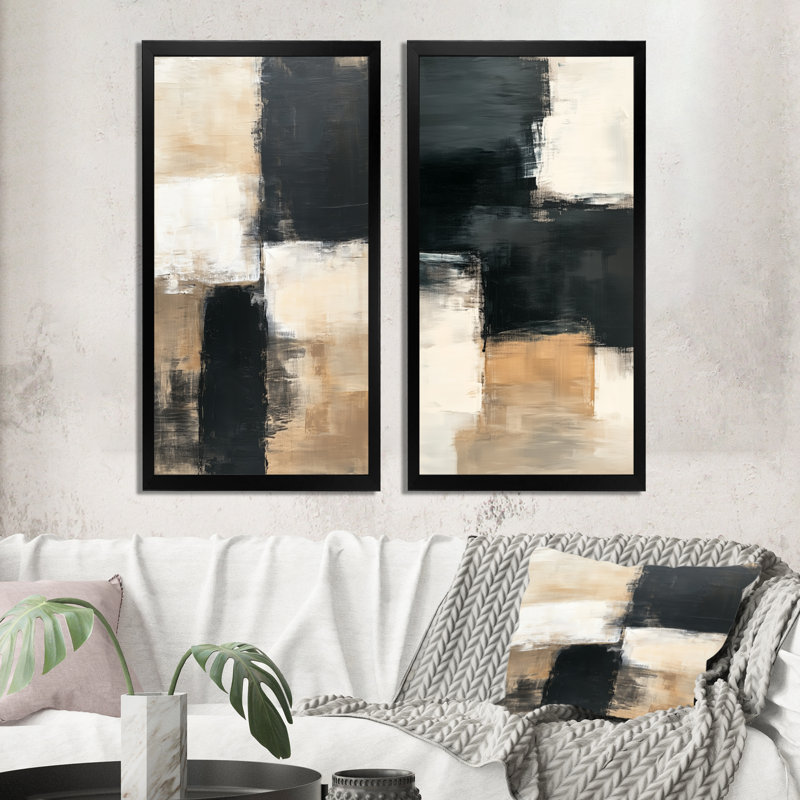 Ensemble de 2 décorations murales minimalistes abstraites Charbon Tonal Abstract III, 32" H x 32" W, Black Picture Framed