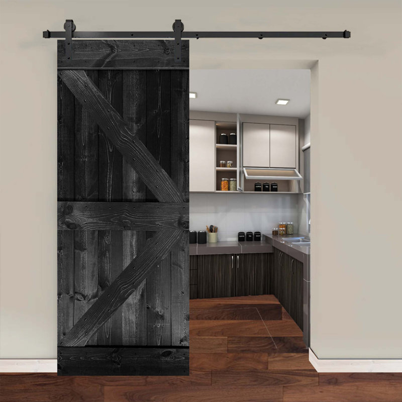 Ensemble de quincaillerie pour porte de grange simple en bois, Noir, 44 po x 84 po
