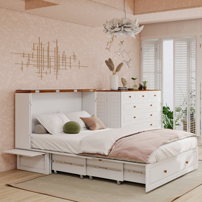 Grand lit escamotable avec tiroirs, blanc